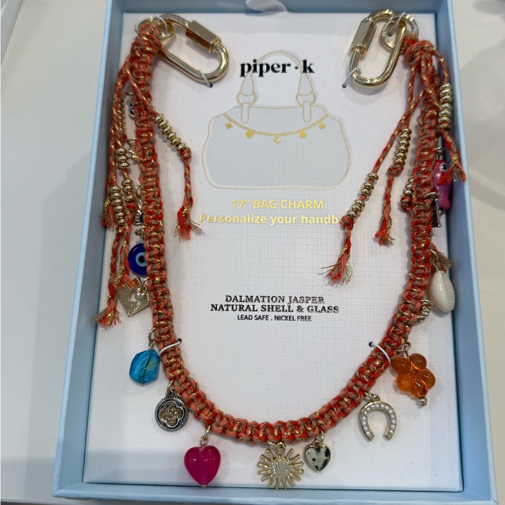 NIB 17” bag charm- Dalmatian jasper, Natural stones & glass- keychain/bag charm